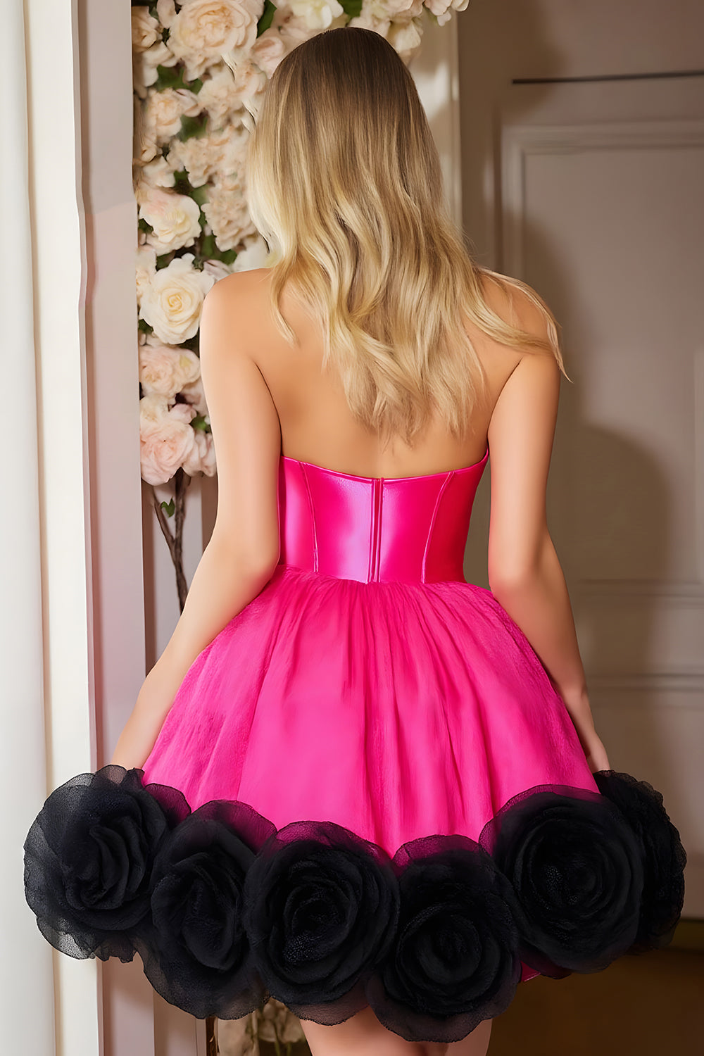 Fuchsia Corset Halter A Line Short Homecoming Dress with 3D Flowers