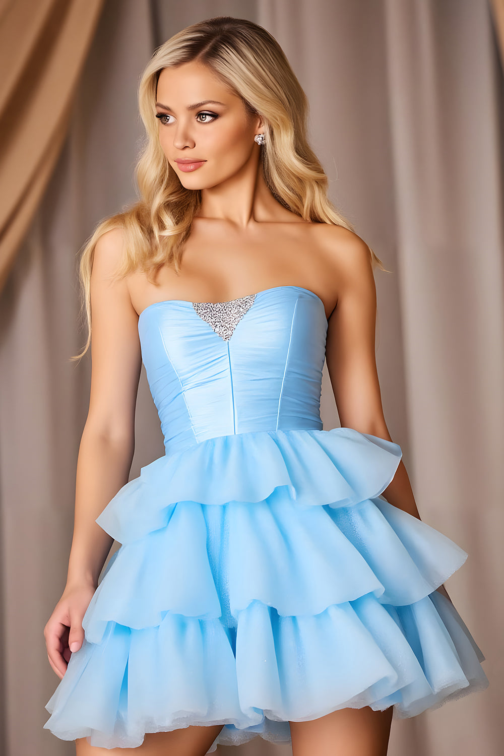 Blue Tiered Strapless Short Homecoming Dress with Bow