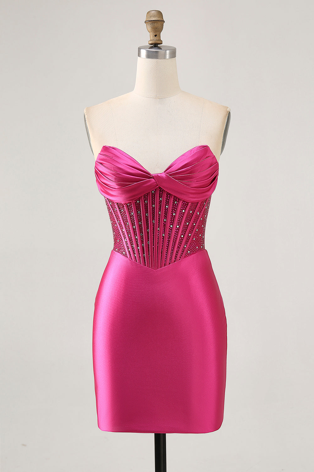 Fuchsia Tight Corset Strapless Short Satin Homecoming Dress with Rhinestones