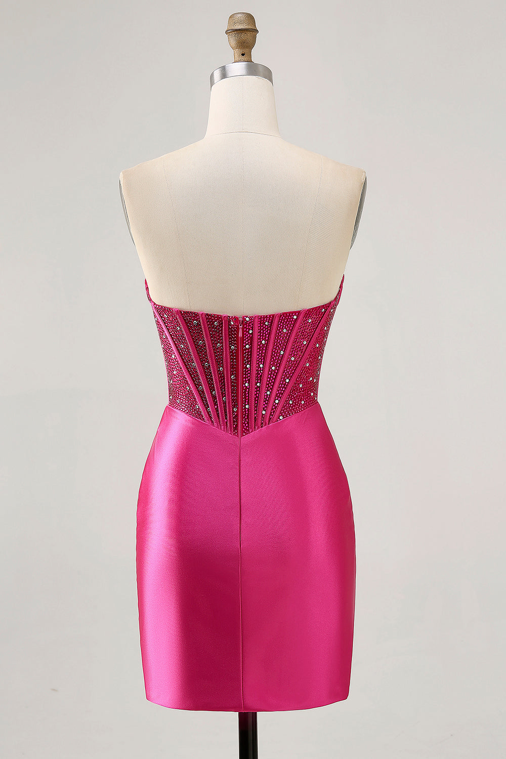 Fuchsia Tight Corset Strapless Short Satin Homecoming Dress with Rhinestones
