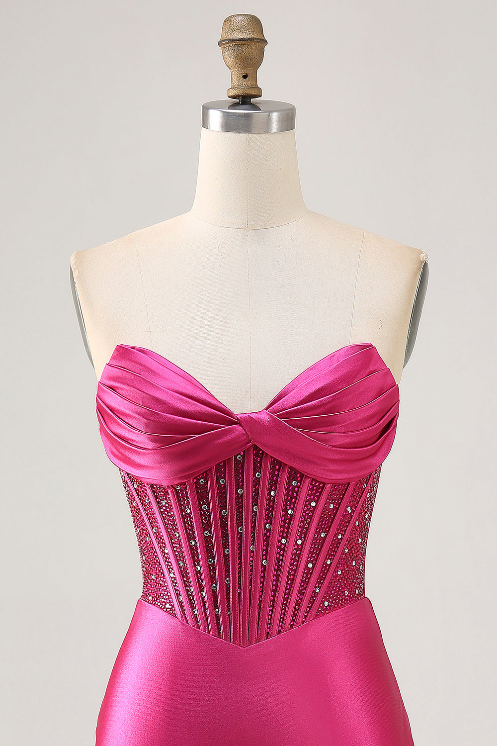 Fuchsia Tight Corset Strapless Short Satin Homecoming Dress with Rhinestones