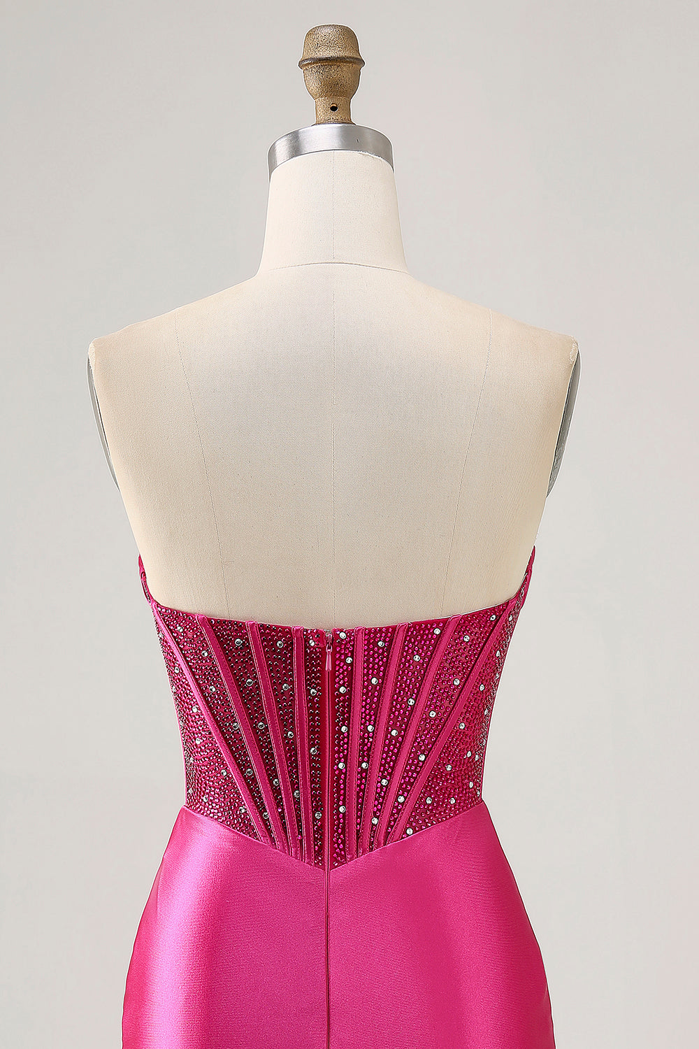 Fuchsia Tight Corset Strapless Short Satin Homecoming Dress with Rhinestones