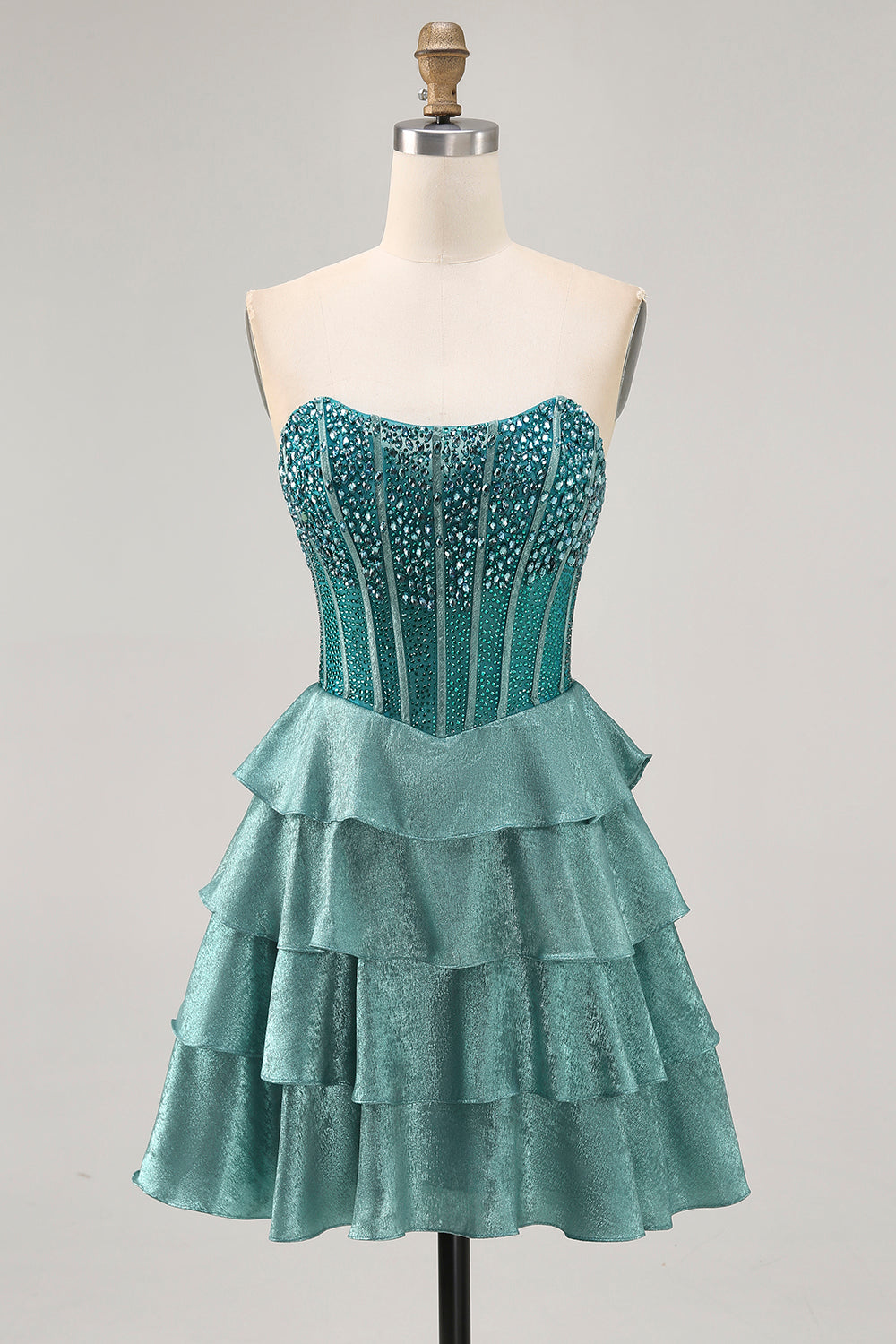 Corset Peacock Green Sparkly Tiered Short Homecoming Dress with Rhinestones