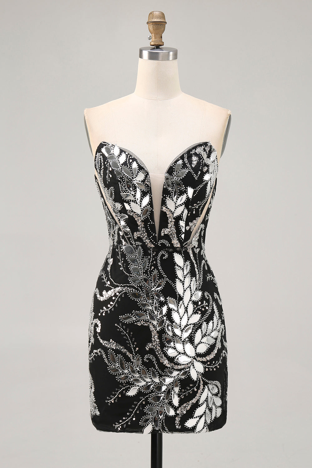 Black Strapless Tight Short Sparkly Mirror Homecoming Dress with Beading