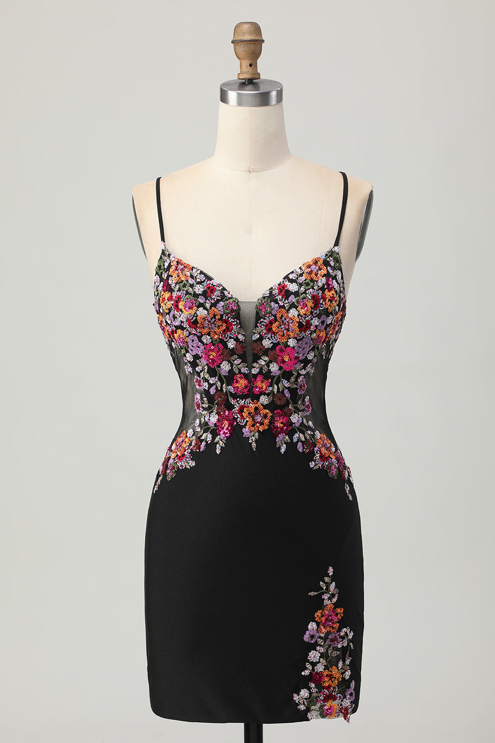 Floral Black Spaghetti Straps Tight Short Corset Homecoming Dress with Sequins