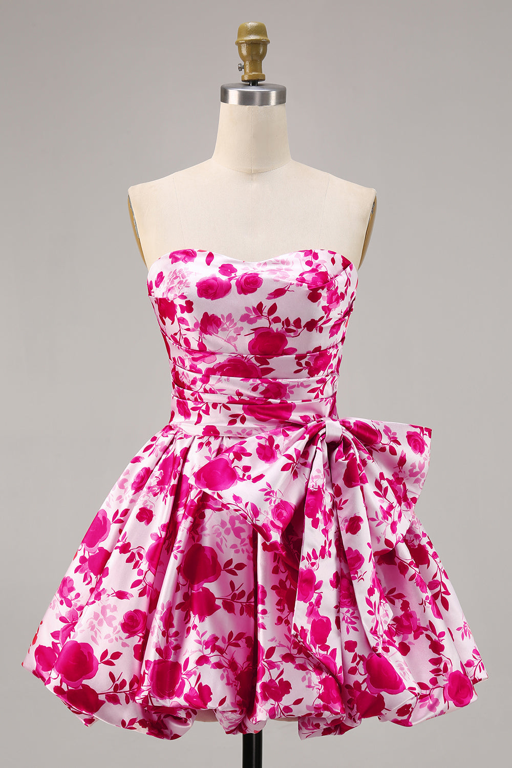 Fuchsia Floral Sweetheart Ruched A Line Short Homecoming Dress with Bow