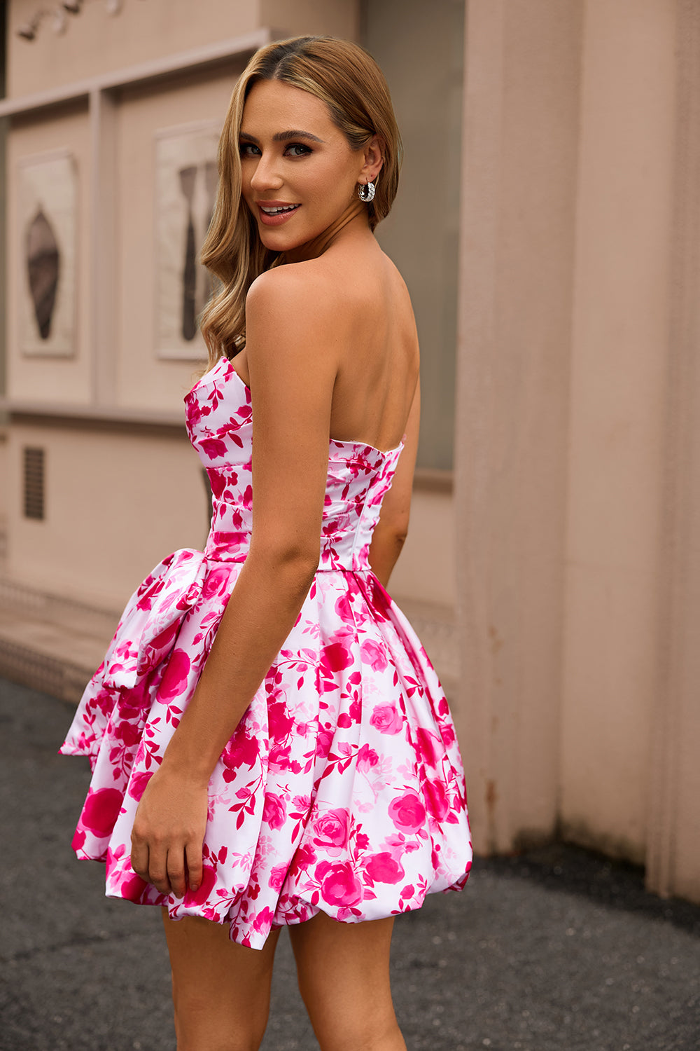 Fuchsia Floral Sweetheart Ruched A Line Short Homecoming Dress with Bow
