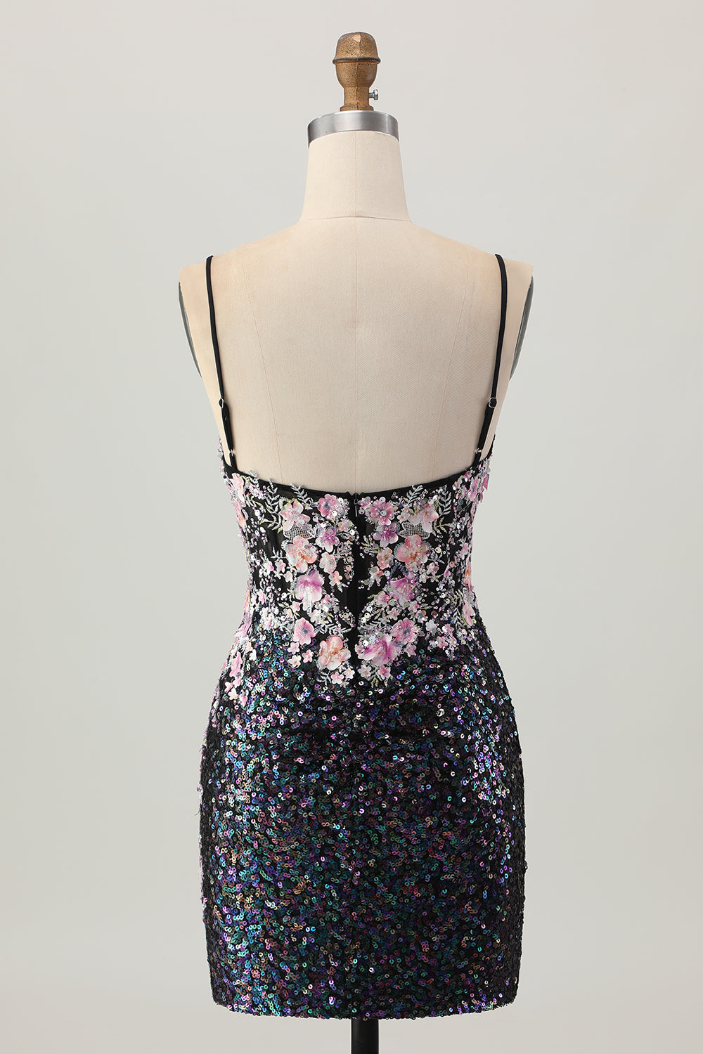 Black Floral Corset Tight Short Sparkly Sequins Homecoming Dress with Applique