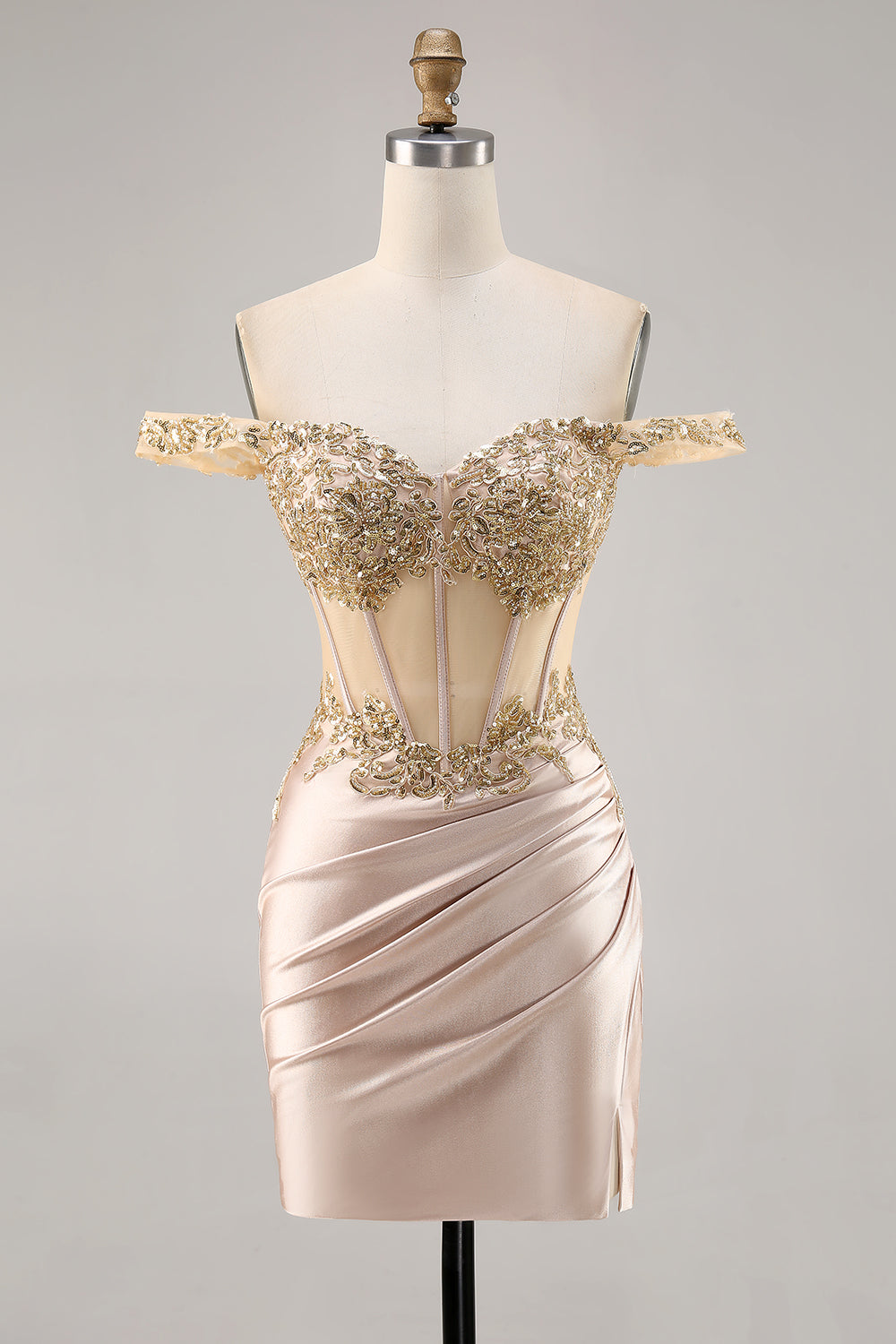 Champagne Satin Corset Tight Short Sparkly Homecoming Dress with Sequins