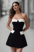 Black and White Short A Line Strapless Satin Cocktail Dress