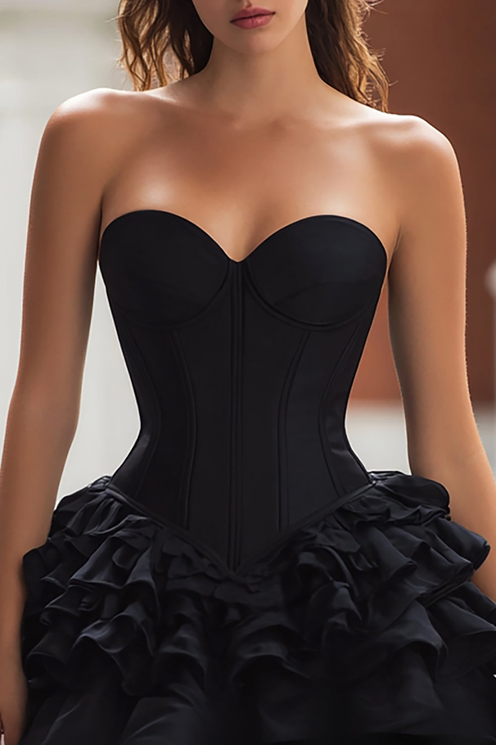 Black Sweetheart Satin Corset A Line Ruffled Short Cocktail Dress