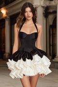 Black and White A Line Halter Ruffled Short Cocktail Dress
