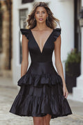 Black Deep Satin V-Neck A Line Ruffled Short Cocktail Dress