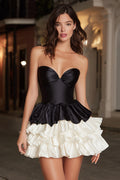 Black and White Sweetheart Satin A Line Ruffled Short Cocktail Dress