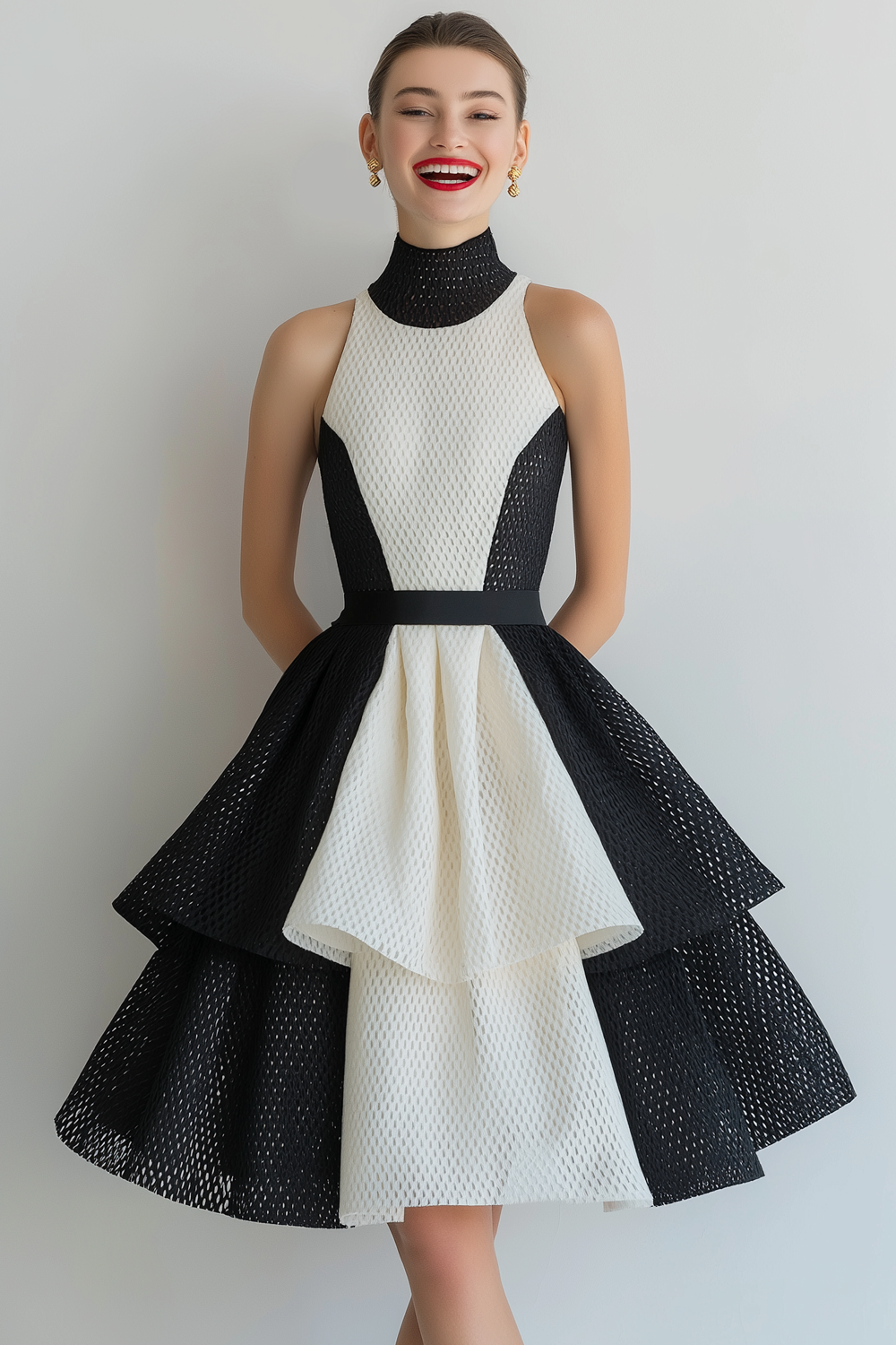 Black and White Tiered A Line High Neck Short Cocktail Dress