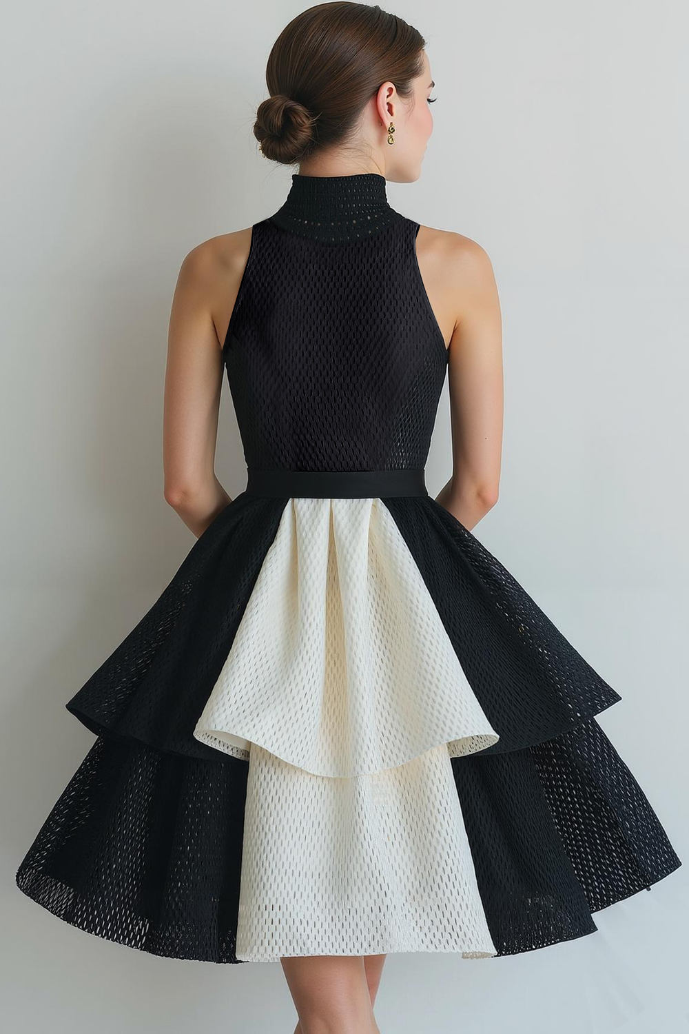 Black and White Tiered A Line High Neck Short Cocktail Dress