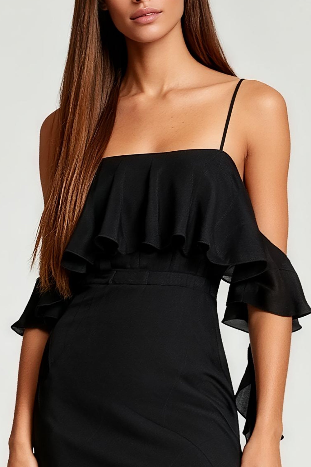 Black Cold Shoulder Bodycon Short Cocktail Dress with Ruffles