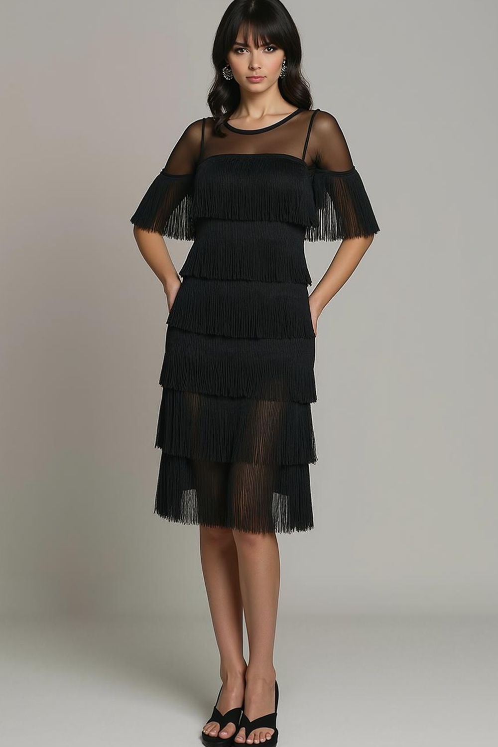 Black Fringed Tiered Round Neck Short Cocktail Dress