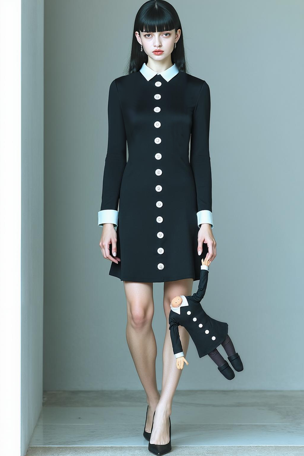 Black White Neck Collar Short Little Black Dress with Sleeves