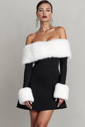 Black Off the Shoulder Mini Holiday Party Dress with Feather