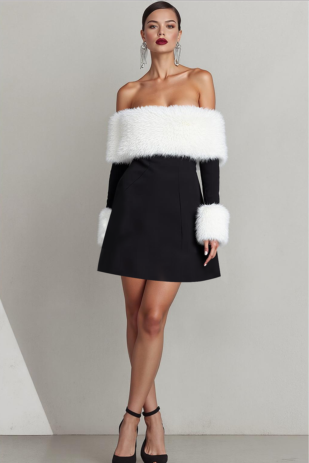 Black Off the Shoulder Mini Holiday Party Dress with Feather