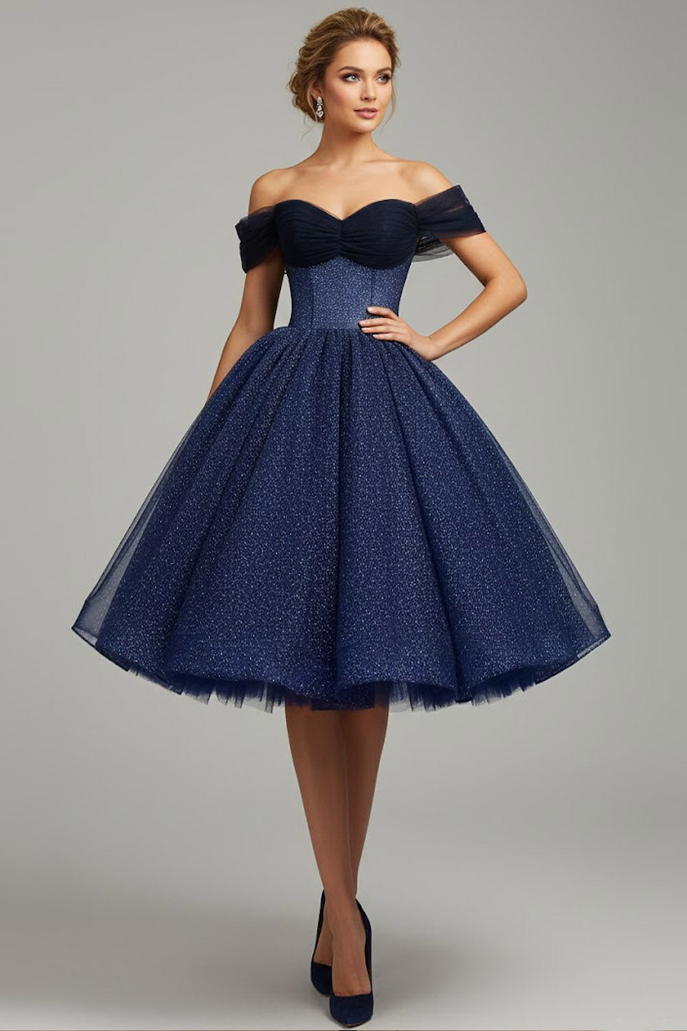 Blue Off the Shoulder A Line Midi Cocktail Dress