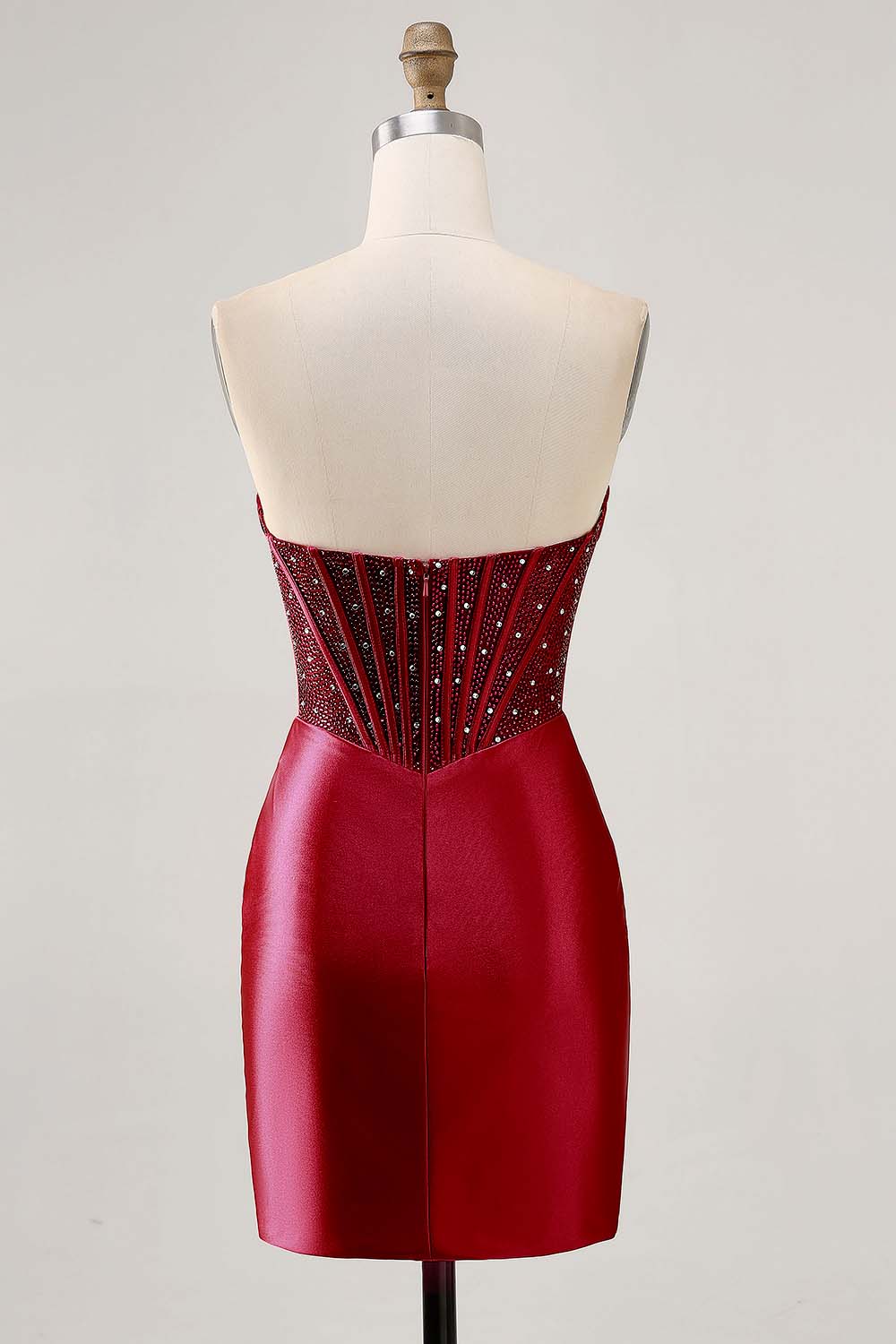 Fuchsia Tight Corset Strapless Short Satin Homecoming Dress with Rhinestones