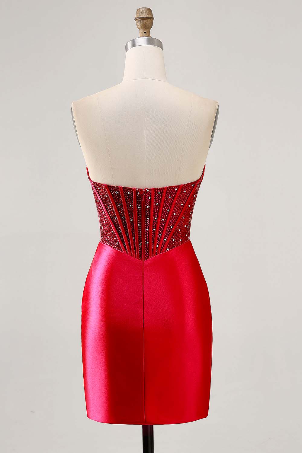 Fuchsia Tight Corset Strapless Short Satin Homecoming Dress with Rhinestones